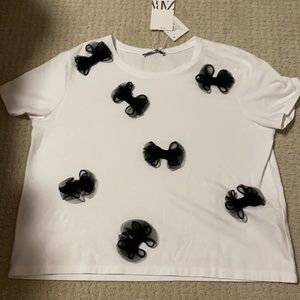 NWT ZARA Cropped White Tee size L with Bows